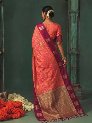 women's peach soft pochampally saree with rani pink border for festive & traditional wedding wear 2