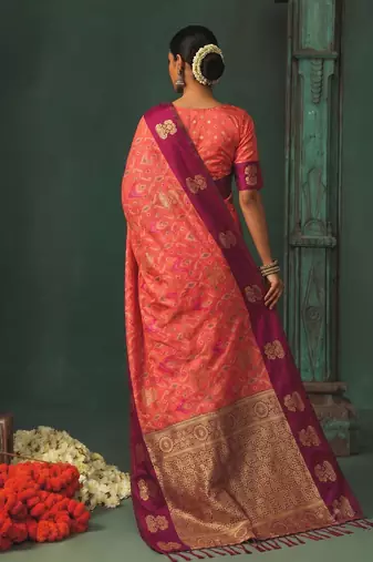 women's peach soft pochampally saree with rani pink border for festive & traditional wedding wear