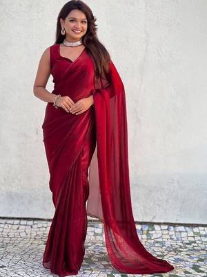 Maroon red shimmer satin tissue saree with golden tassels 1