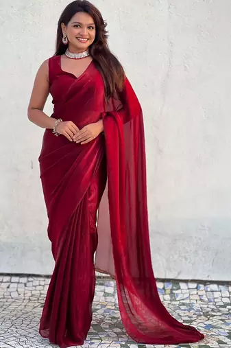 Maroon red shimmer satin tissue saree with golden tassels