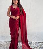 Maroon red shimmer satin tissue saree with golden tassels