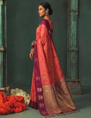 women's peach soft pochampally saree with rani pink border for festive & traditional wedding wear 3