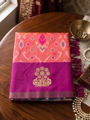 women's peach soft pochampally saree with rani pink border for festive & traditional wedding wear 4