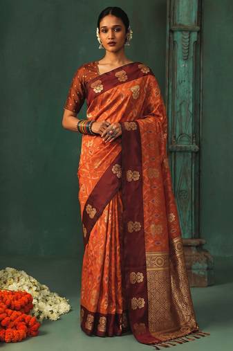 women's orange soft pochampally saree with maroon zari border for wedding & festive party wear