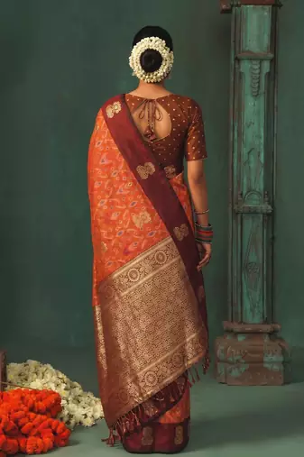 women's orange soft pochampally saree with maroon zari border for wedding & festive party wear
