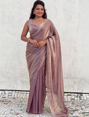 Mauve onion shimmer satin tissue saree with golden tassels 1