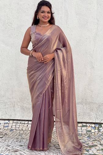 Mauve onion shimmer satin tissue saree with golden tassels