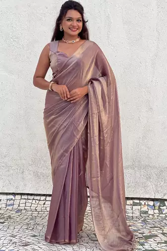 Mauve onion shimmer satin tissue saree with golden tassels