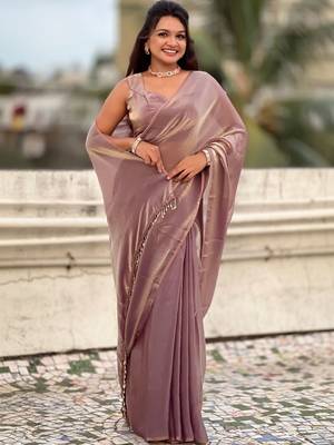 Mauve onion shimmer satin tissue saree with golden tassels 2