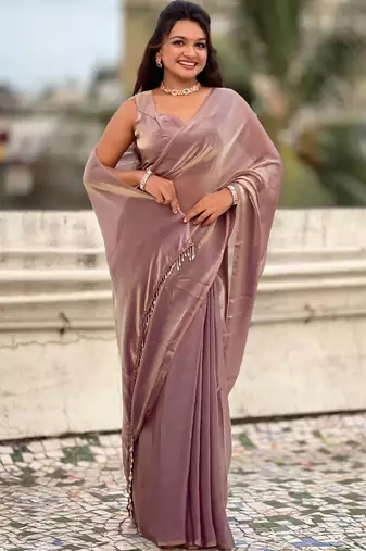 Mauve onion shimmer satin tissue saree with golden tassels