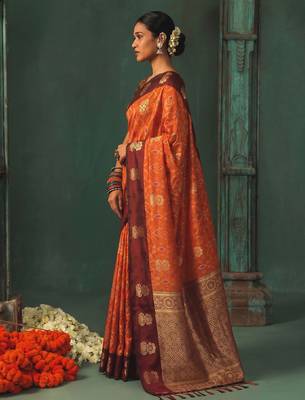 women's orange soft pochampally saree with maroon zari border for wedding & festive party wear 3
