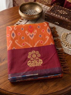 women's orange soft pochampally saree with maroon zari border for wedding & festive party wear 4