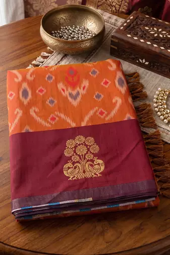 women's orange soft pochampally saree with maroon zari border for wedding & festive party wear