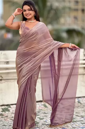 Mauve onion shimmer satin tissue saree with golden tassels