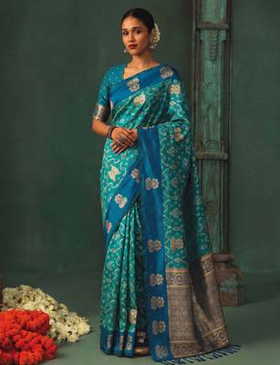 women's sky blue soft pochampally saree with royal blue border for festive & wedding party wear 1