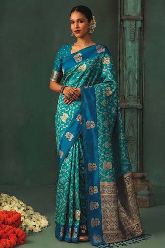 women's sky blue soft pochampally saree with royal blue border for festive & wedding party wear