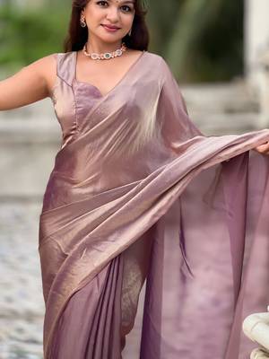 Mauve onion shimmer satin tissue saree with golden tassels 5