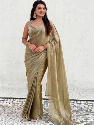 Olive golden beige shimmer satin tissue saree with golden tassels 1