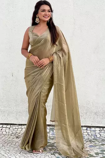 Olive golden beige shimmer satin tissue saree with golden tassels