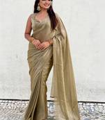 Olive golden beige shimmer satin tissue saree with golden tassels