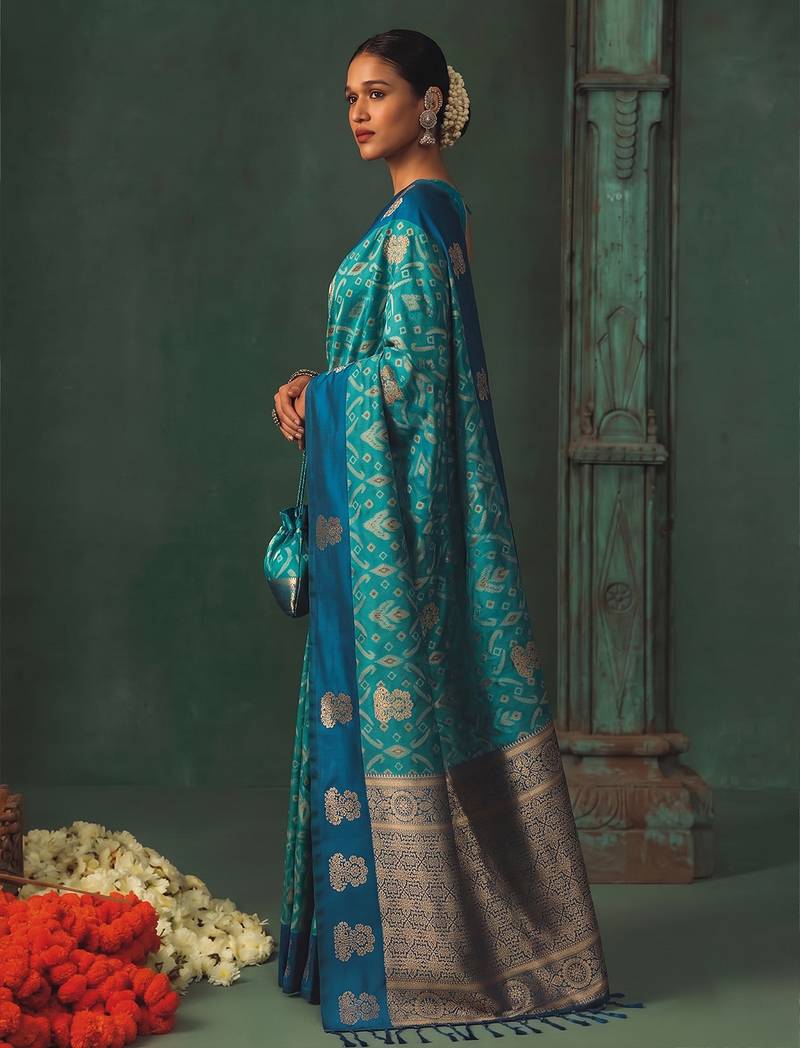 women's sky blue soft pochampally saree with royal blue border for festive & wedding party wear