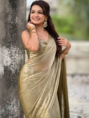 Olive golden beige shimmer satin tissue saree with golden tassels 4