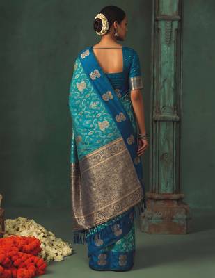 women's sky blue soft pochampally saree with royal blue border for festive & wedding party wear 3