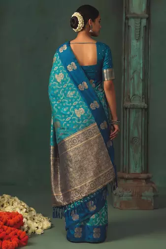 women's sky blue soft pochampally saree with royal blue border for festive & wedding party wear
