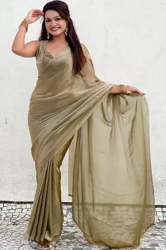 Olive golden beige shimmer satin tissue saree with golden tassels