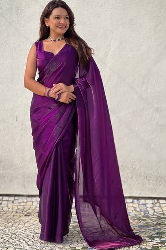 Purple purple shimmer satin tissue saree with golden tassels