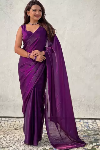Purple purple shimmer satin tissue saree with golden tassels