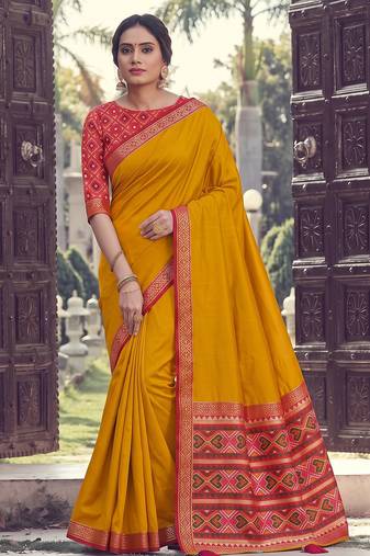 mustard yellow soft silk blend saree for women with red blouse festive wedding traditional wear
