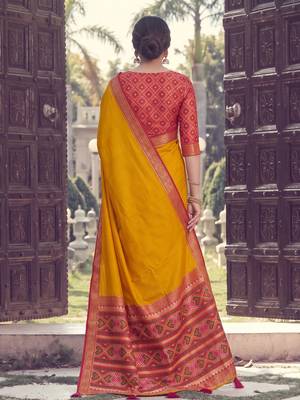 mustard yellow soft silk blend saree for women with red blouse festive wedding traditional wear 2