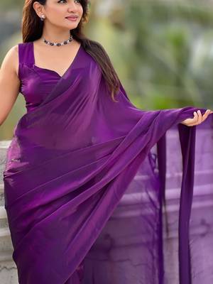 Purple purple shimmer satin tissue saree with golden tassels 3