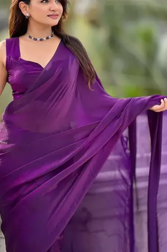 Purple purple shimmer satin tissue saree with golden tassels