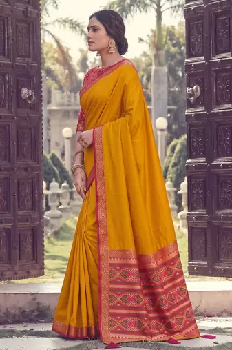 mustard yellow soft silk blend saree for women with red blouse festive wedding traditional wear