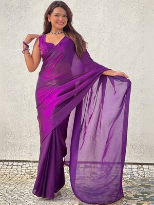 Purple purple shimmer satin tissue saree with golden tassels 4