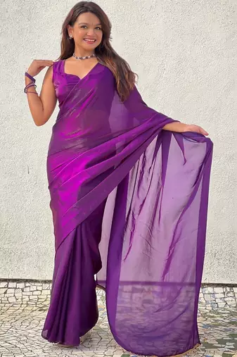 Purple purple shimmer satin tissue saree with golden tassels