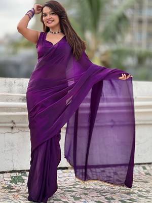 Purple purple shimmer satin tissue saree with golden tassels 5