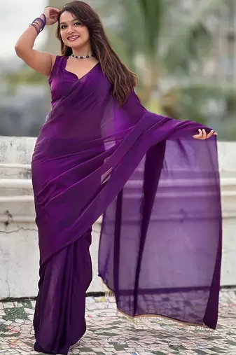 Purple purple shimmer satin tissue saree with golden tassels