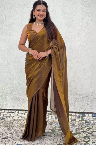 Brown mahendi green shimmer satin tissue saree with golden tassels
