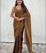 Brown mahendi green shimmer satin tissue saree with golden tassels