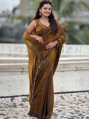 Brown mahendi green shimmer satin tissue saree with golden tassels 2