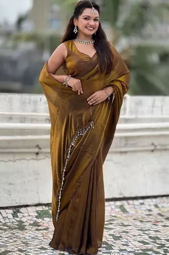 Brown mahendi green shimmer satin tissue saree with golden tassels