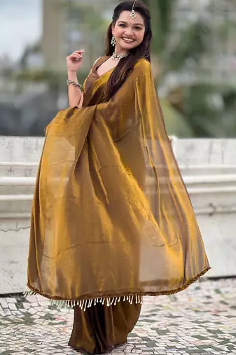 Brown mahendi green shimmer satin tissue saree with golden tassels