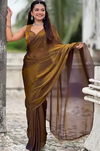 Brown mahendi green shimmer satin tissue saree with golden tassels