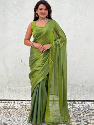 Lime green shimmer satin tissue saree with golden tassels 1