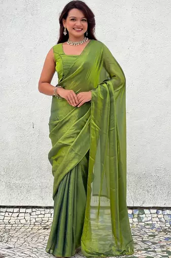 Lime green shimmer satin tissue saree with golden tassels
