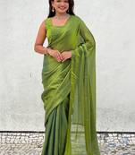 Lime green shimmer satin tissue saree with golden tassels
