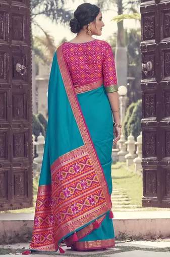 sky blue soft silk blend saree for women with rani pink blouse festive party wedding ethnic wear